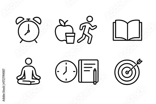 Discipline Habits Icons. Outline icon set of personal discipline habits: early wake-up, healthy eating, exercise, reading, meditation, time management,