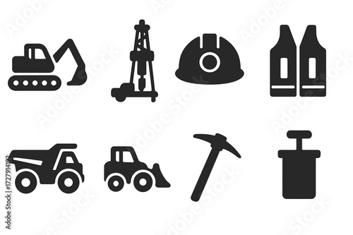 Nickel Mining Icons. Solid, filled icon set of nickel mining equipment: excavator, drill rig, mining helmet, safety vest, dump truck, loader, pickaxe, blasting