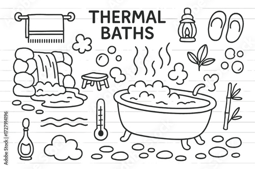 Thermal Bath Doodle. Hand-drawn doodle illustration [thermal baths] [bathtub, steam, rock wall, waterfall, towel rack, bench, lantern, leaf, slippers, bubbles,