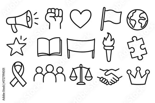 Activism Icon Doodles. Hand-drawn doodle illustration activism and movements megaphone, raised fist, heart, flag, globe, star, book, banner, torch, puzzle