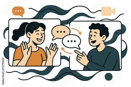 Virtual Connection Dynamics. Virtual Meetings. Two characters smiling on split screens, speech bubbles bouncing between them. Abstract waves flow around,