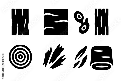 Wood Grain Icon Set. Solid, filled icon set of wood grains and textures: rough plank, smooth surface, knots, bark texture, cross-section rings, splinters, wood