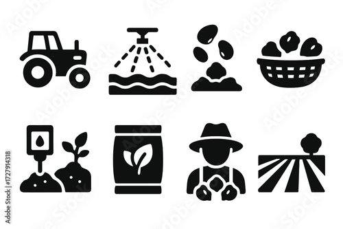 Chickpea Farming Icons. Solid, filled icon set of chickpea farming: tractor, irrigation system, seed sowing, harvesting basket, soil testing, fertilizer bag,