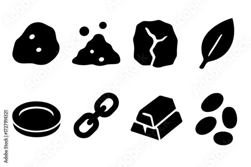 Gold Icons Grid. Solid, filled icon set of gold elements: gold nugget, gold dust, gold vein, gold leaf, gold plate, gold chain, gold ingot, gold grain. Solid,