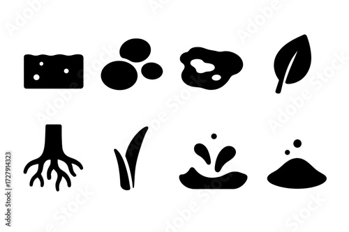 Natural Elements Icons. Solid, filled icon set of natural barefoot: earth ground, pebble, mud, leaf, tree root, grass blade, water splash, sand grain. [Line