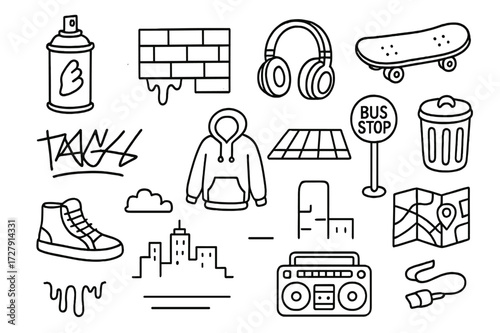 Urban Art Doodle. Hand-drawn doodle illustration [Urban art scene] [graffiti spray can, wall, headphones, skateboard, tag, hoodie, crosswalk, bus stop, trash