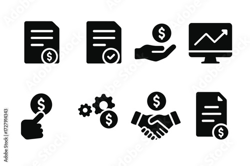 Bailout Icons Set. Solid, filled icon set of bailout process: application, approval, disbursement, monitoring, repayment, restructuring, settlement, closure.