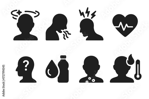 Sunburn Symptoms Icons. Solid, filled icon set of sunburn emergency signs: dizziness, nausea, headache, rapid heartbeat, confusion, dehydration, blistering,