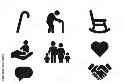 Respect Icons Grid. Solid, filled icon set of respect for elders: cane, elderly person, helping hand, rocking chair, family, heart, speech bubble, handshake.