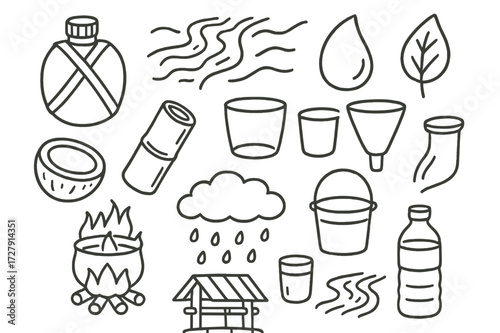 Water Survival Doodles. Hand-drawn doodle illustration Water sourcing survival canteen, river, droplet, leaf, coconut, bamboo tube, cup, filter, boiling pot,