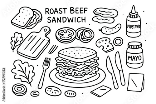 Roast Beef Sandwich Doodle. Hand-drawn doodle illustration Roast beef sandwich sandwich, roast beef slices, bread, lettuce, tomato, cheese, onion, pickle,