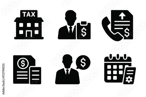 Tax Services Icon Set. Solid, filled icon set of tax authority and services: tax office, tax auditor, tax hotline, tax refund, tax notice, tax consultant, tax