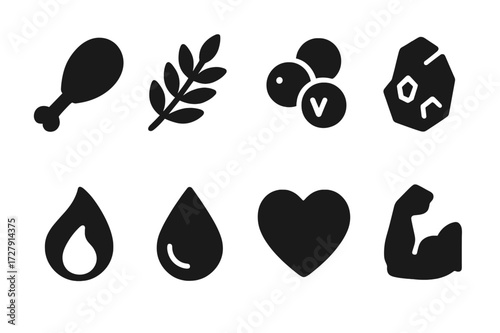 Nutrition Icon Set. Solid, filled icon set of nutrition: protein, fiber, vitamins, minerals, calorie count, water drop, heart symbol, muscle arm. [Line icons