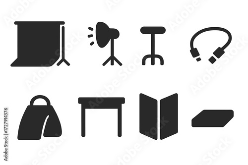 Photo Studio Icons. Solid, filled icon set of photo studio setup: seamless background, light stand, posing stool, tether cable, sandbag, prop table, V-flat,