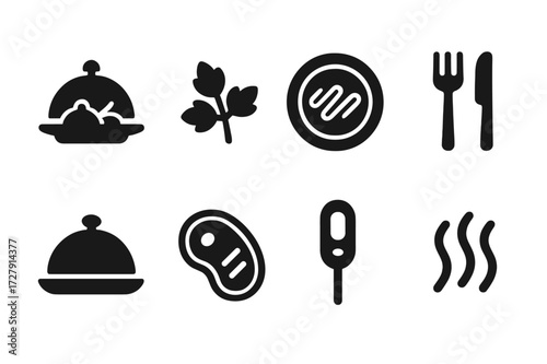 Main Course Icons. Solid, filled icon set of main course presentation: plated dish, garnish, sauce drizzle, cutlery, serving tray, portion control, food