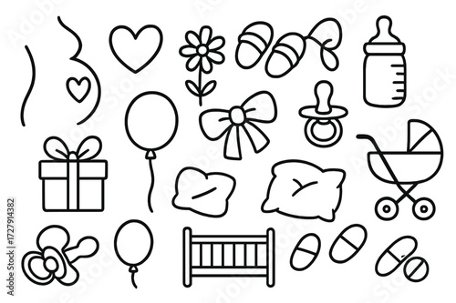 Expecting Mom Icons. Hand-drawn doodle illustration Expecting mom belly outline, heart, flower, slippers, bow, pacifier, bottle, baby shoes, crib, stroller,