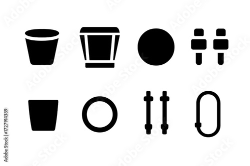 Bongo Drum Icons. Solid, filled icon set of bongo parts: small drum, large drum, drumhead, tuning lugs, shell, rim, tension rods, carrying strap. Solid, filled
