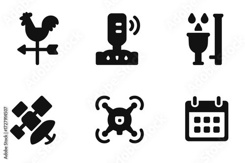 Farm Monitoring Icons. Solid, filled icon set of farm monitoring: weather vane, soil sensor, thermometer, rain gauge, satellite, drone, barometer, calendar.