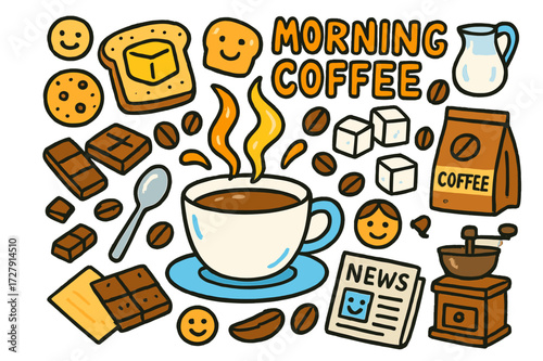 Coffee Morning Doodle. Morning coffee. Colorful Hand-drawn doodle Children illustration Coffee cup, steam swirls, toast, butter, coffee beans, sugar cubes,