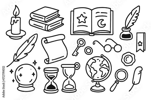 Magical Vintage Symbols. Hand-drawn doodle illustration Magical vintage books, spell book, candle, quill, ink bottle, feather, scroll, key, globe, crystal