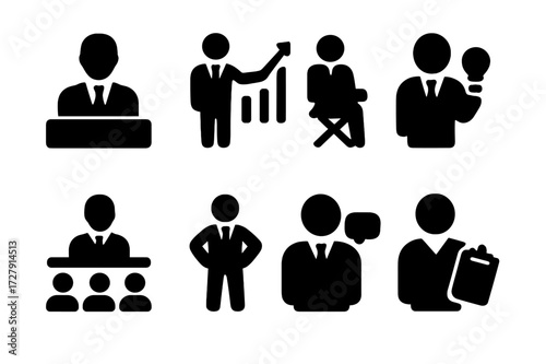 Executive Role Icons. Solid, filled icon set of executive roles: CEO, manager, director, entrepreneur, board member, team leader, consultant, assistant. Solid,