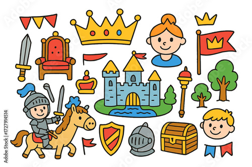 Colorful Royalty Doodles. Royalty. Colorful Hand-drawn doodle Children illustration Crown, throne, castle, scepter, sword, shield, knight, horse, banners,