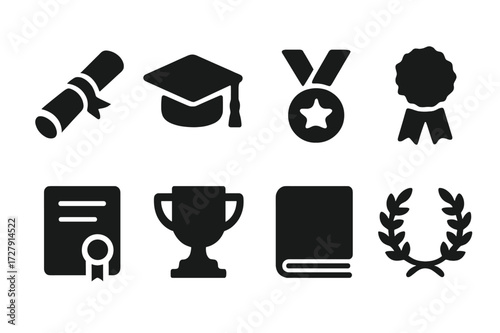 Academic Icon Set. Solid, filled icon set of academic honor: diploma, graduation cap, medal, ribbon, certificate, trophy, book, laurel wreath. Solid, filled