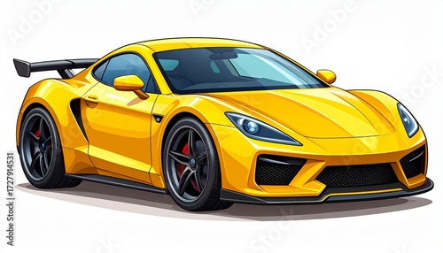 Dynamic illustration of a sleek yellow supercar, embodying automotive power, performance, and modern aerodynamic elegance on an isolated white background