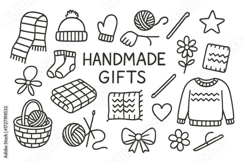 Handmade Yarn Gifts Doodle. Hand-drawn doodle illustration Handmade gifts with yarn [scarf, hat, socks, mittens, blanket, pillow, sweater, heart, star, flower,