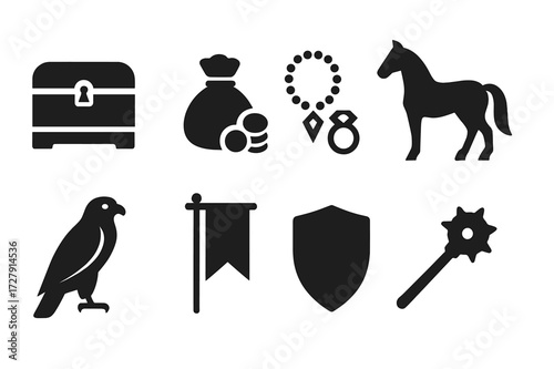 Lord's Possessions Icons. Solid, filled icon set of lord?s possessions: treasure chest, coin purse, jewels, horse, falcon, banner, shield, mace. Solid, filled