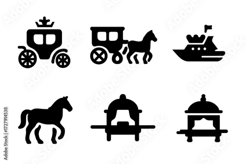 Royal Transport Icons. Solid, filled icon set of royal transportation: royal carriage, horse-drawn coach, royal yacht, chariot, throne cart, horse, palanquin,