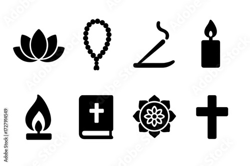 Sacred Symbols Icons. Solid, filled icon set of spiritual symbols at sacred sites: lotus flower, prayer beads, incense stick, candle, sacred flame, holy book,