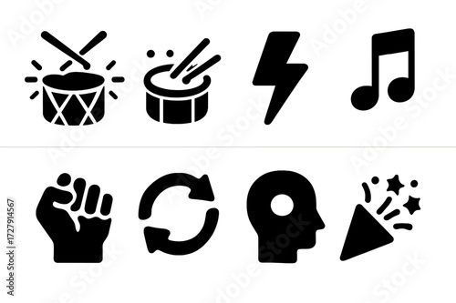 Drumroll Emotion Icons. Solid, filled icon set of drumroll emotions and symbolism: excitement, anticipation, energy, rhythm, power, flow, focus, celebration.
