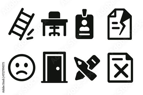Career Setback Icons. Solid, filled icon set of career setback: falling ladder, empty desk, lost badge, resigned paper, sad emoji, closed door, broken pencil,