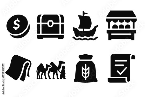 Empire Economy Icons. Solid, filled icon set of empire economy: gold coin, treasure chest, trade ship, marketplace, silk fabric, merchant caravan, grain sack,