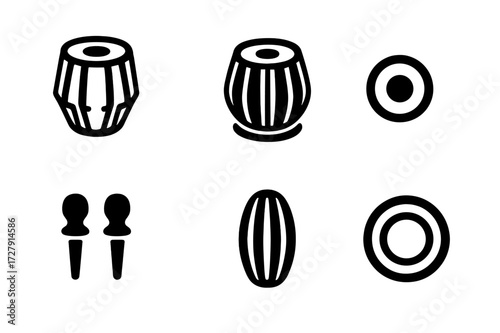 Tabla Components Icons. Solid, filled icon set of tabla components: dayan, bayan, drumhead, syahi (black spot), tuning pegs, wooden shell, leather straps, drum