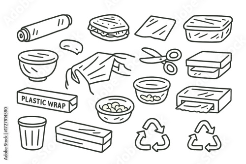 Kitchen Plastic Essentials. Hand-drawn doodle illustration [Plastic wrap] [plastic roll, wrapped sandwich, food container, cling sheet, sealed bowl, kitchen
