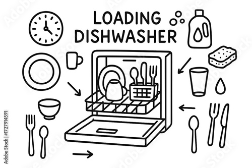Dishwasher Doodle Icons. Hand-drawn doodle illustration Loading dishwasher dishwasher door, open rack, plate, cup, spoon, fork, knife, bowl, glass, bubbles,