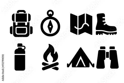 Solo Travel Icons. Solid, filled icon set of solo journeys: backpack, compass, map, hiking boots, water bottle, campfire, tent, binoculars. [Solid, filled