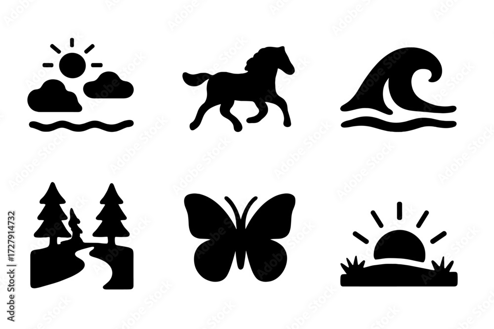 Naklejka premium Nature Freedom Icons. Solid, filled icon set of freedom in nature: open sky, flowing river, wild horse, ocean wave, forest path, flying butterfly, open field,
