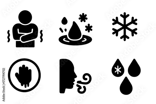 Cold Icons Collection. Solid, filled icon set of cold water effects: shivering person, cold splash, ice crystals, frozen surface, frostbite symbol, icy breath,