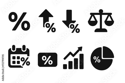 Interest Rate Icons. Solid, filled icon set of interest rates: rate percentage, rising arrow, lowering arrow, interest scale, payment calendar, APR label,