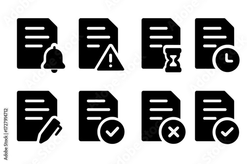 Contract Icon Set. Solid, filled icon set of contract related notifications: reminder, alert, deadline, expiration, renewal, signature request, approval,