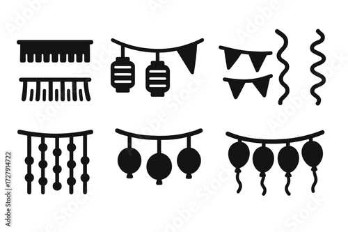 Celebratory Decorations Icons. Solid, filled icon set of celebratory hanging decorations: fringe garland, lantern chain, flag bunting, streamer strand, beaded