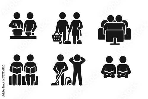 Couple's Daily Activities. Solid, filled icon set of couple daily life: cooking together, shopping, watching TV, reading, cleaning, exercising, gardening,