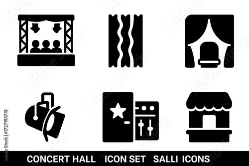Concert Hall Icons. Solid, filled icon set of concert hall elements: concert stage, acoustic panel, audience seat, curtain, spotlight, backstage, soundboard,