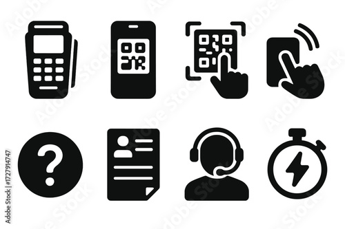 User Interaction Icons. Solid, filled icon set of user interaction: payment terminal, smartphone app, QR code scan, NFC tap, help button, instructions panel,