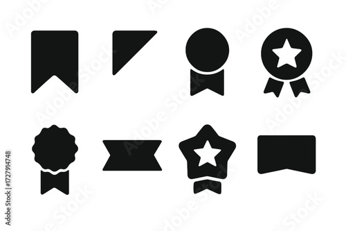 Black Ribbon Icons. Solid, filled icon set of digital ribbon icons: bookmark ribbon, corner ribbon, notification badge, ranking ribbon, achievement tag, promo