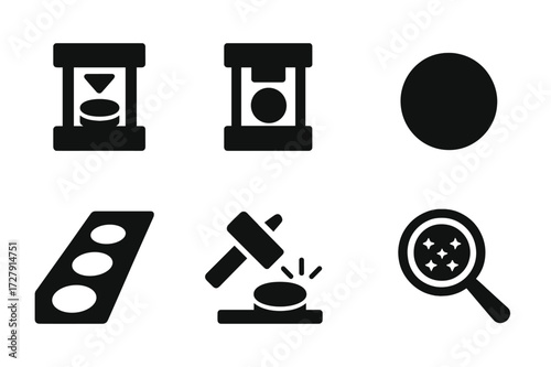 Coin Manufacturing Icons. Solid, filled icon set of coin manufacturing: coin press, minting machine, coin die, blank coin, metal sheet, stamping hammer,