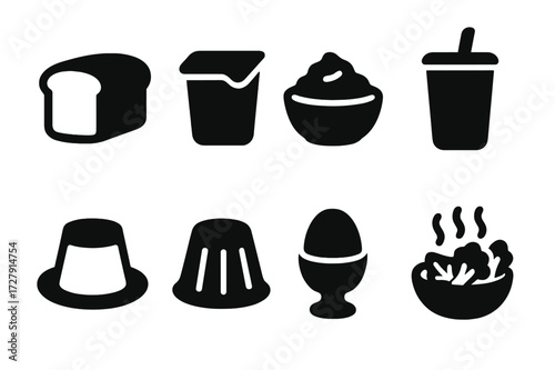 Gentle Foods Icon Set. Solid, filled icon set of gentle foods: soft bread, yogurt cup, mashed potatoes, smoothie, custard, pudding, boiled egg, steamed